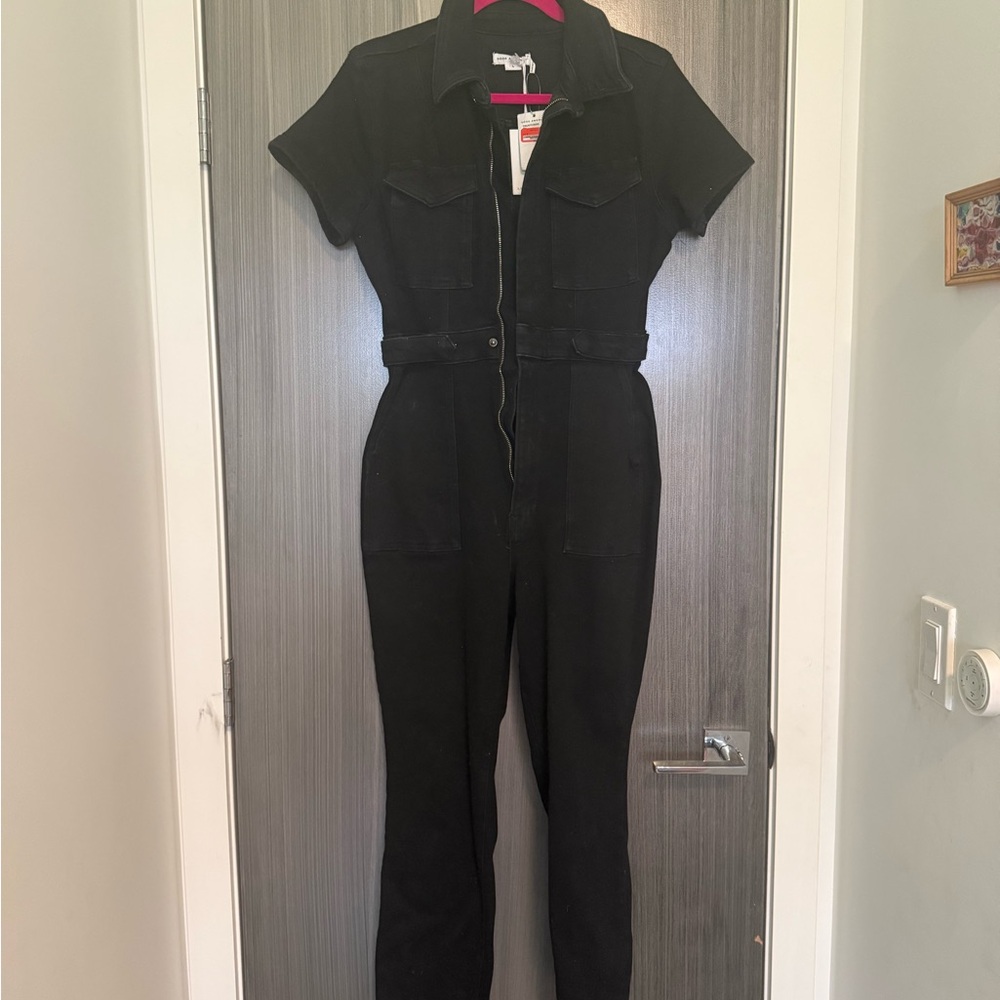 NWT Good American Black Short-Sleeve Zip-Front Utility Jumpsuit Large